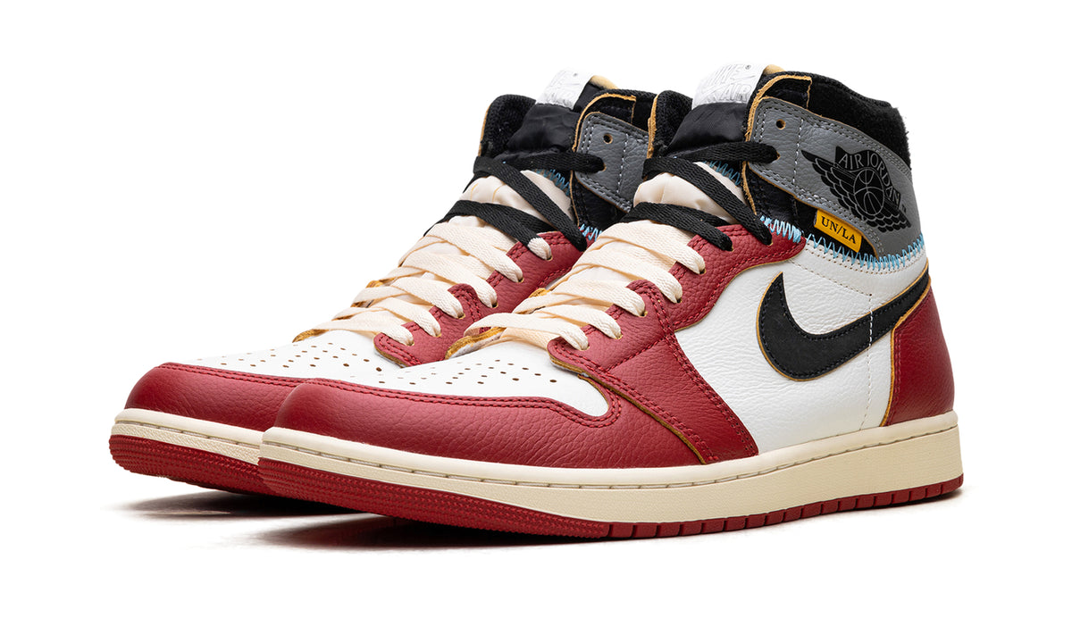 Air Jordan 1 High Sneakers - Red and White with Gray Collar and UN/LA Details