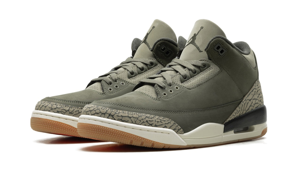 Air Jordan 3 Sneakers - Olive/Black with Elephant Print and Gum-Colored Sole