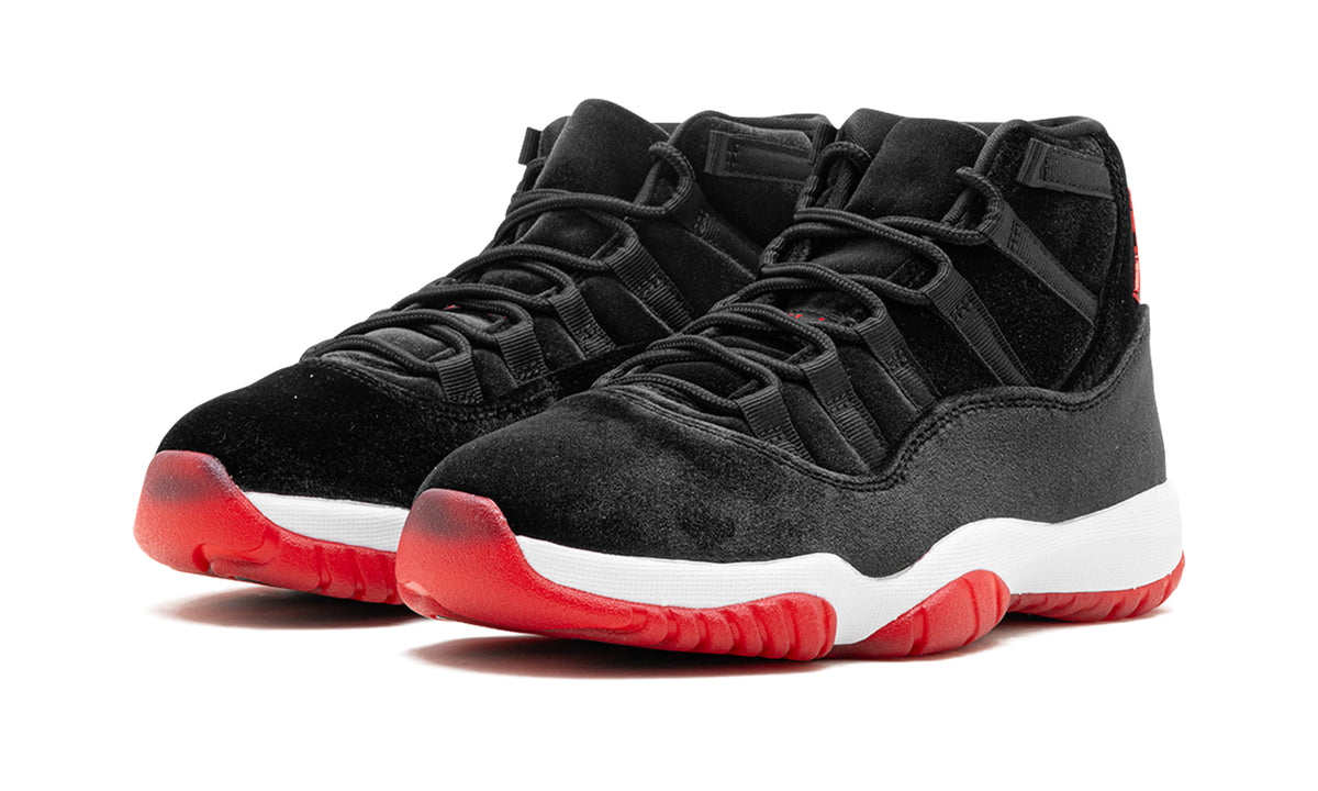 Air Jordan 11 Retro Sneakers - Black Velvet with White Midsole & Red Outsole