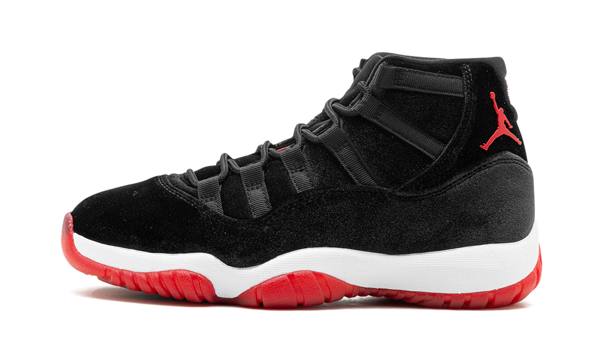 Air Jordan 11 Retro Sneakers - Black Velvet with White Midsole & Red Outsole