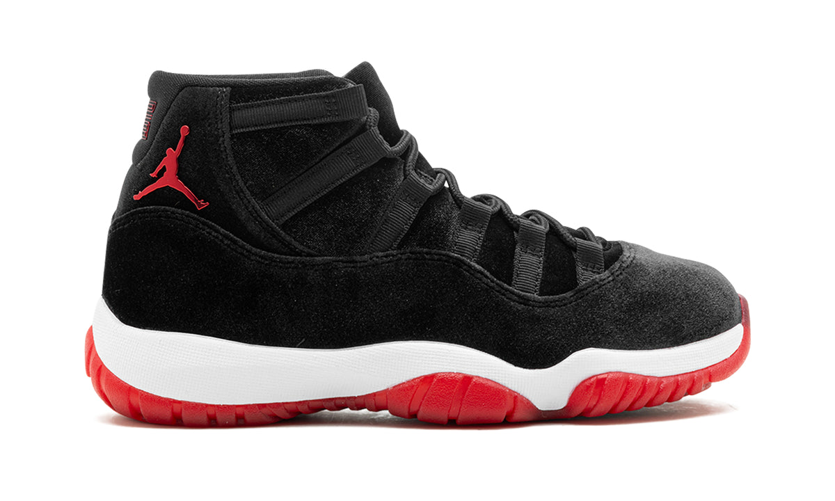 Air Jordan 11 Retro Sneakers - Black Velvet with White Midsole & Red Outsole