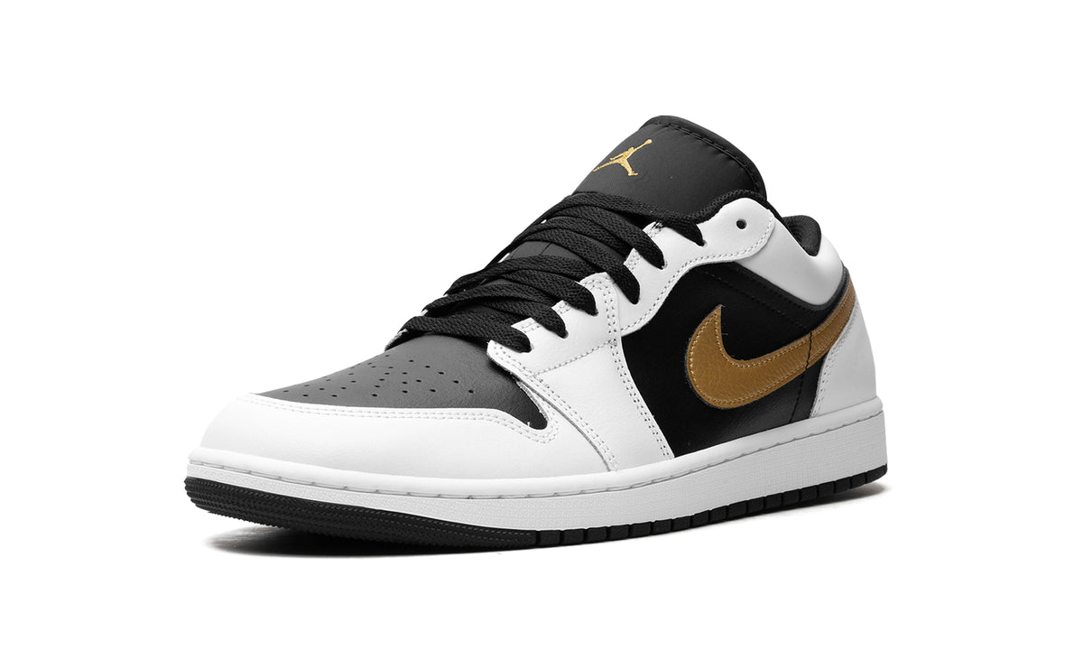 Air Jordan 1 Low Sneakers - White/Black with Metallic Gold Swoosh