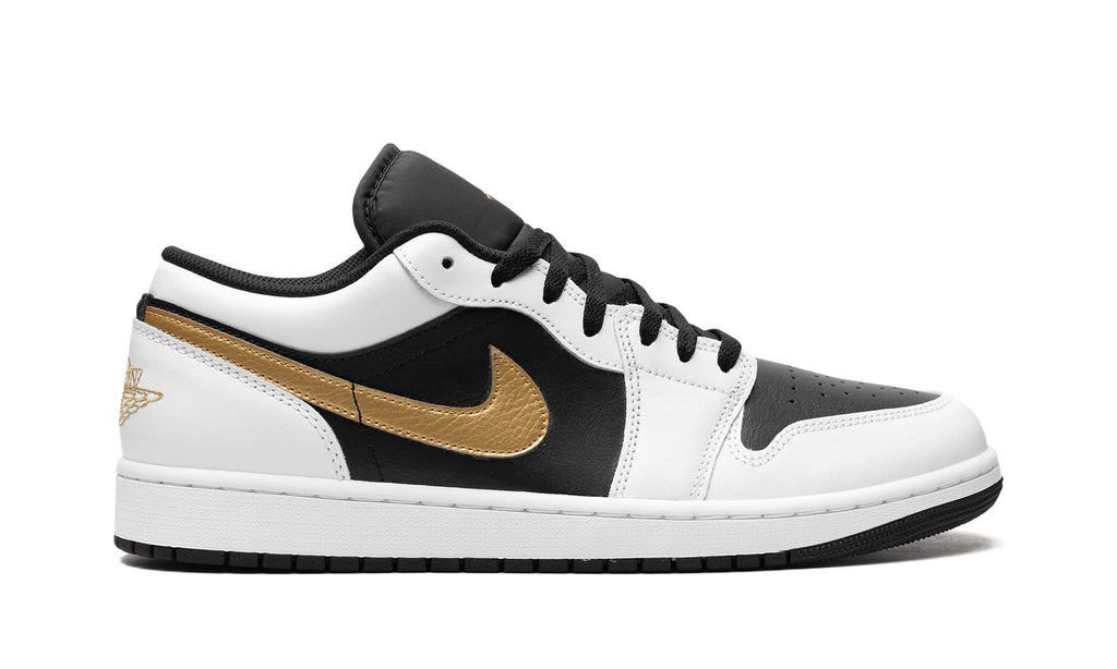 Air Jordan 1 Low Sneakers - White/Black with Metallic Gold Swoosh
