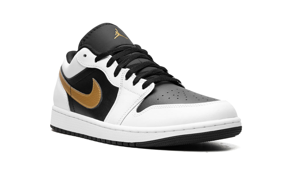 Air Jordan 1 Low Sneakers - White/Black with Metallic Gold Swoosh