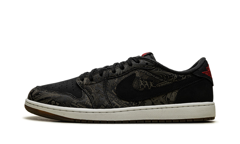Air Jordan 1 Retro Low OG Sneakers - Black with Tonal Graphic Print and Red Accents
