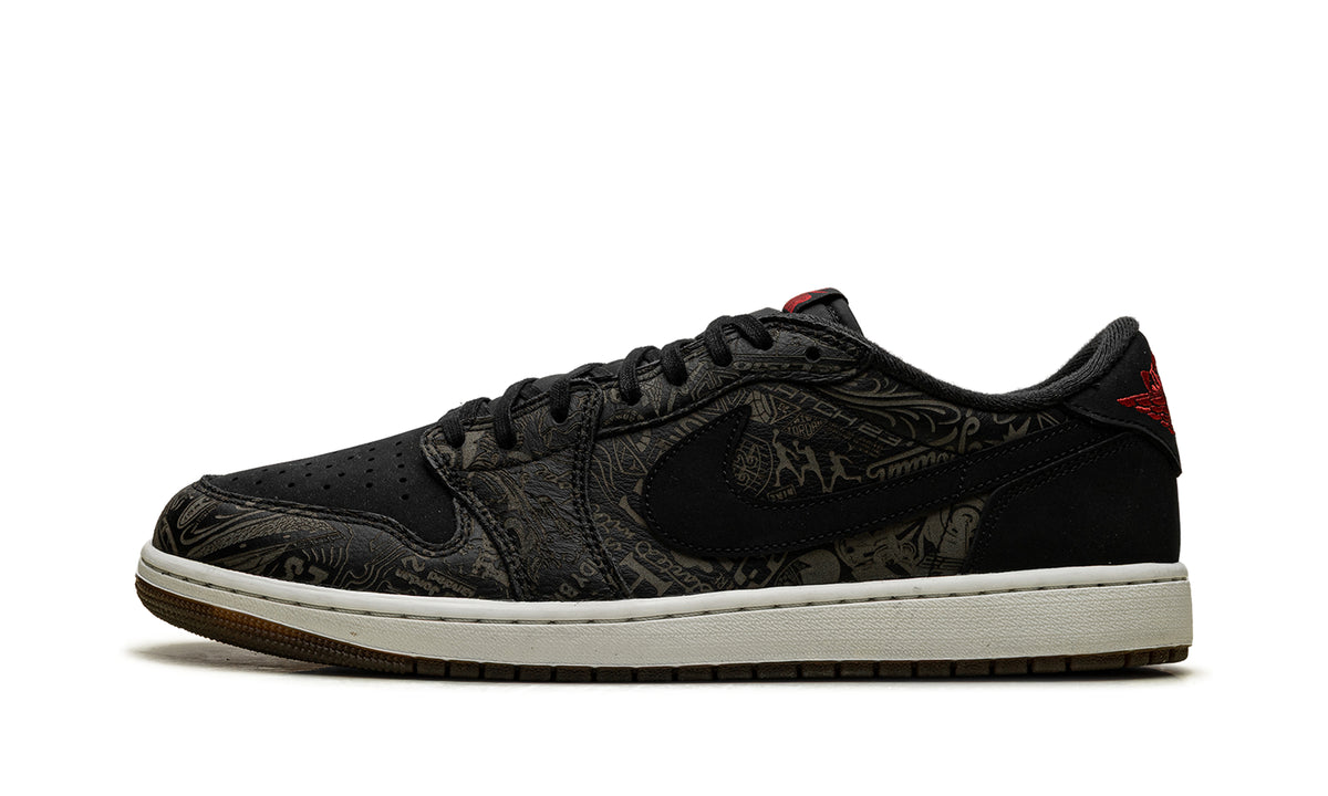 Air Jordan 1 Retro Low OG Sneakers - Black with Tonal Graphic Print and Red Accents