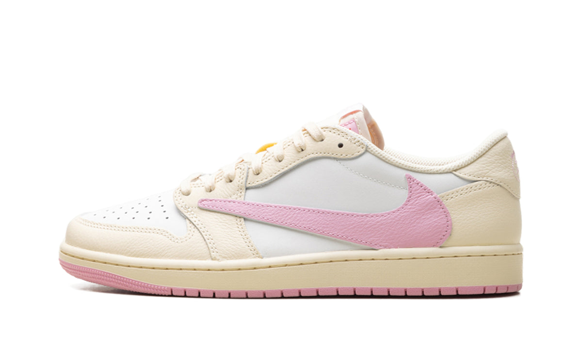 Air Jordan 1 Low OG Sneakers - White and Cream with Pink Swoosh and Outsole