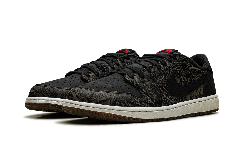 Air Jordan 1 Retro Low OG Sneakers - Black with Tonal Graphic Print and Red Accents