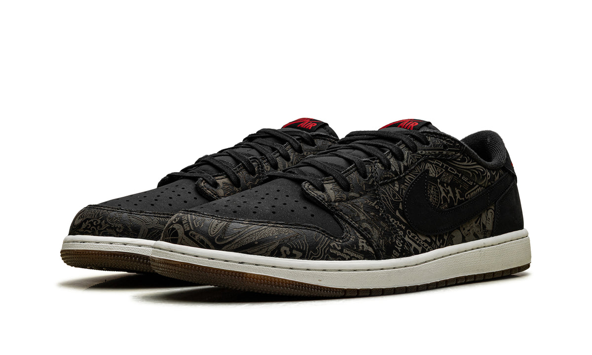 Air Jordan 1 Retro Low OG Sneakers - Black with Tonal Graphic Print and Red Accents