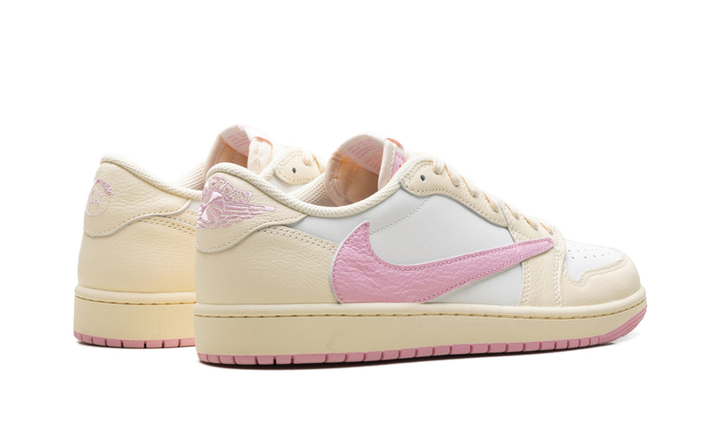 Air Jordan 1 Low OG Sneakers - White and Cream with Pink Swoosh and Outsole