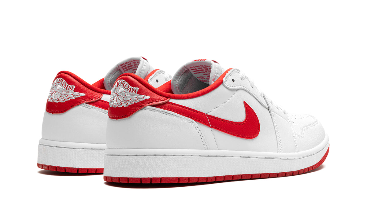 Air Jordan 1 Retro Low OG Sneakers - White with Red Swooshes and Outsole