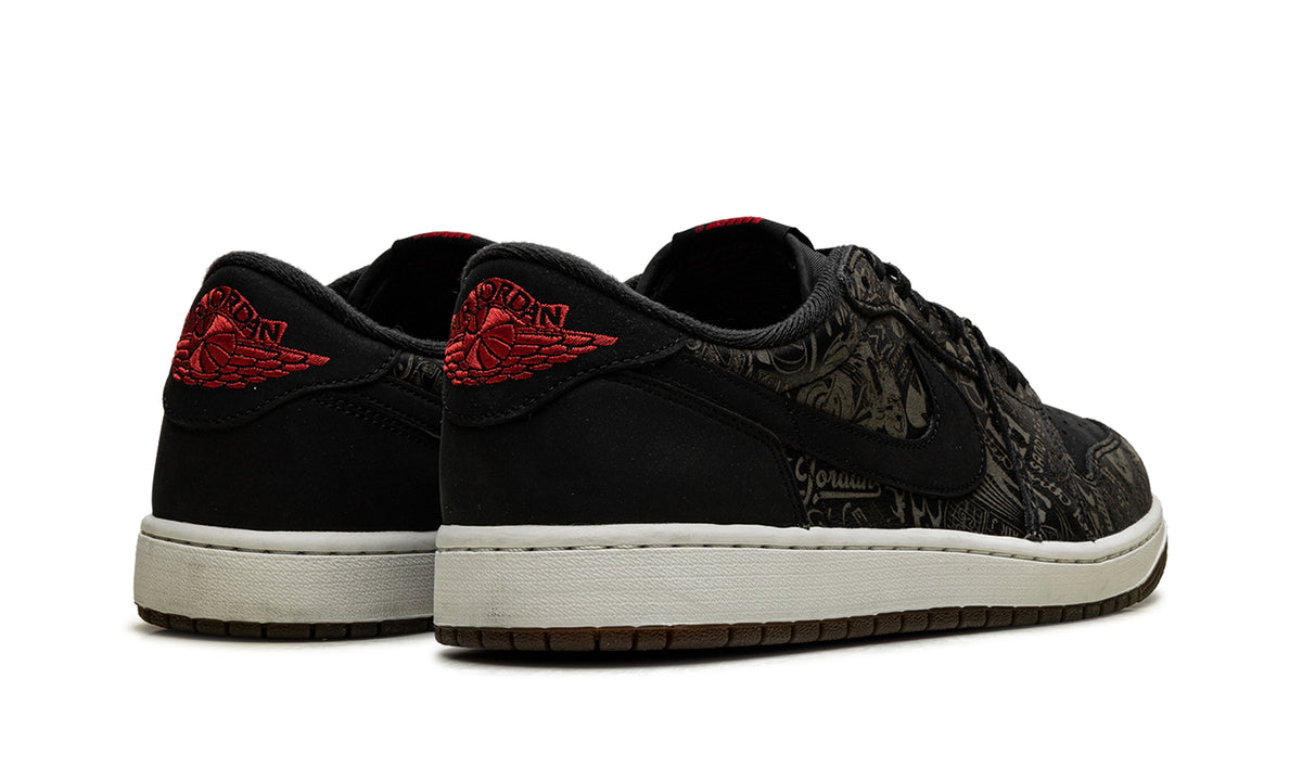 Air Jordan 1 Retro Low OG Sneakers - Black with Tonal Graphic Print and Red Accents