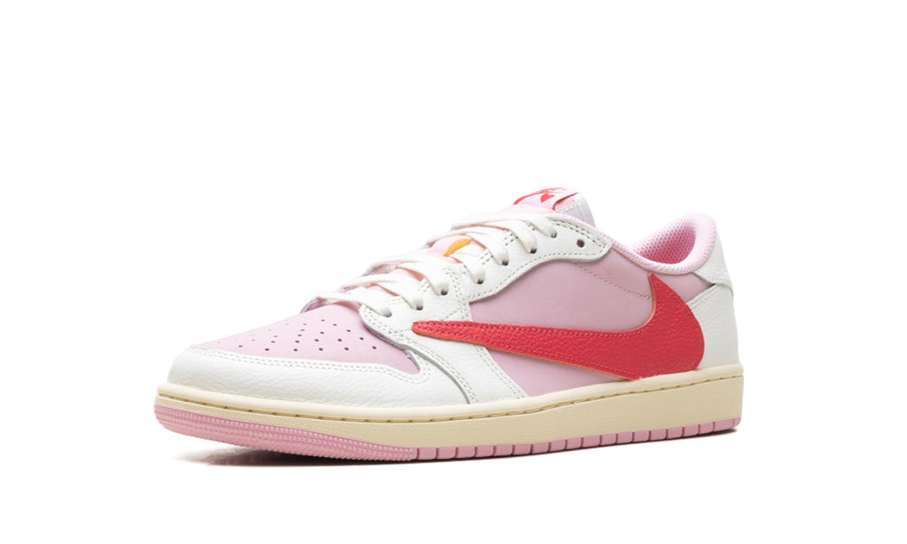 Air Jordan 1 Low OG Sneakers - Pink & White with Red Reverse Swoosh