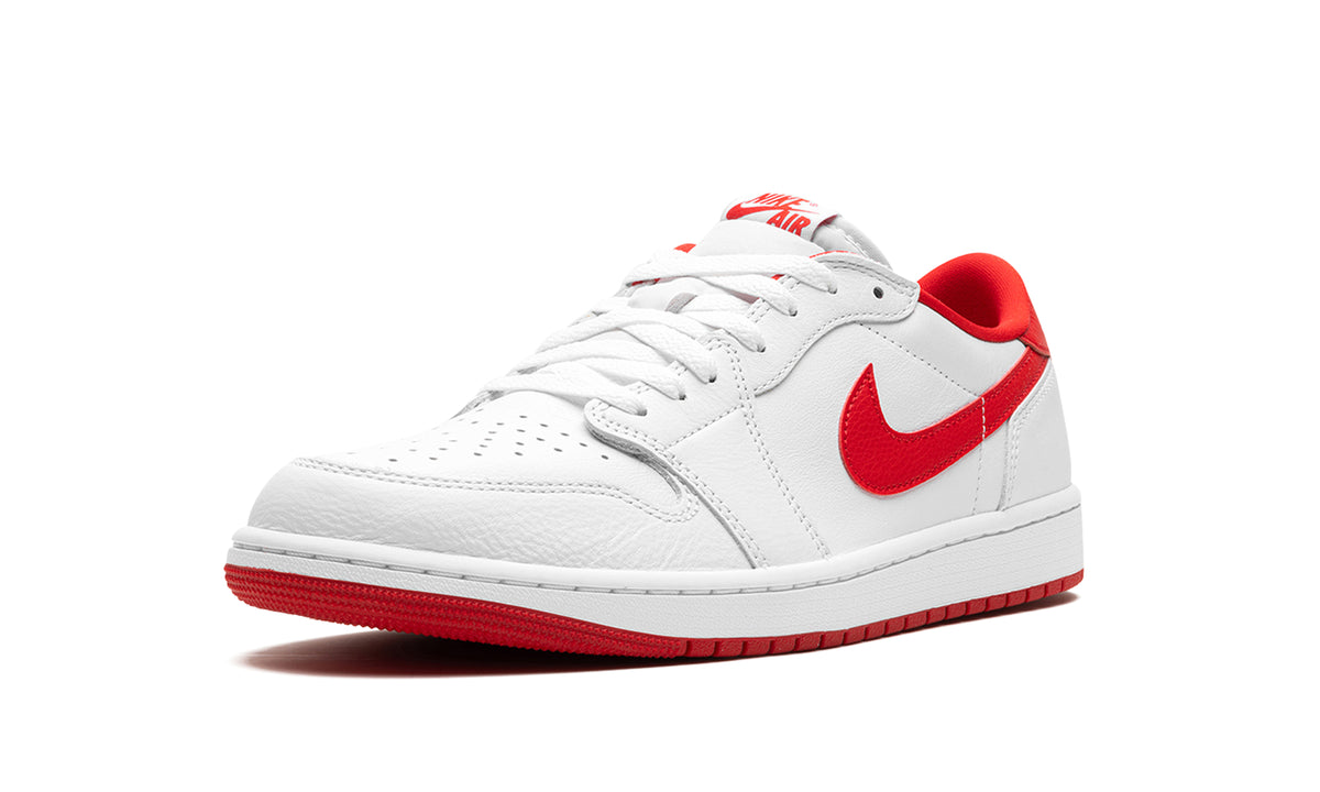 Air Jordan 1 Retro Low OG Sneakers - White with Red Swooshes and Outsole