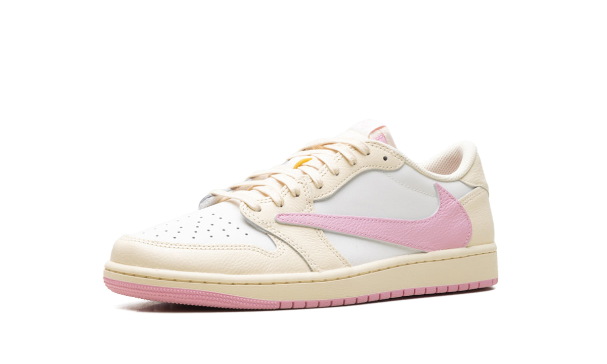 Air Jordan 1 Low OG Sneakers - White and Cream with Pink Swoosh and Outsole