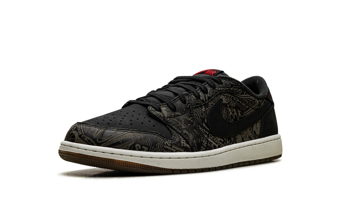 Air Jordan 1 Retro Low OG Sneakers - Black with Tonal Graphic Print and Red Accents
