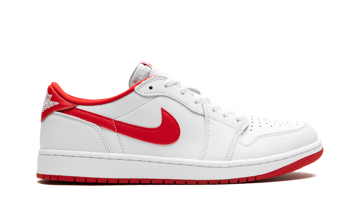 Air Jordan 1 Retro Low OG Sneakers - White with Red Swooshes and Outsole