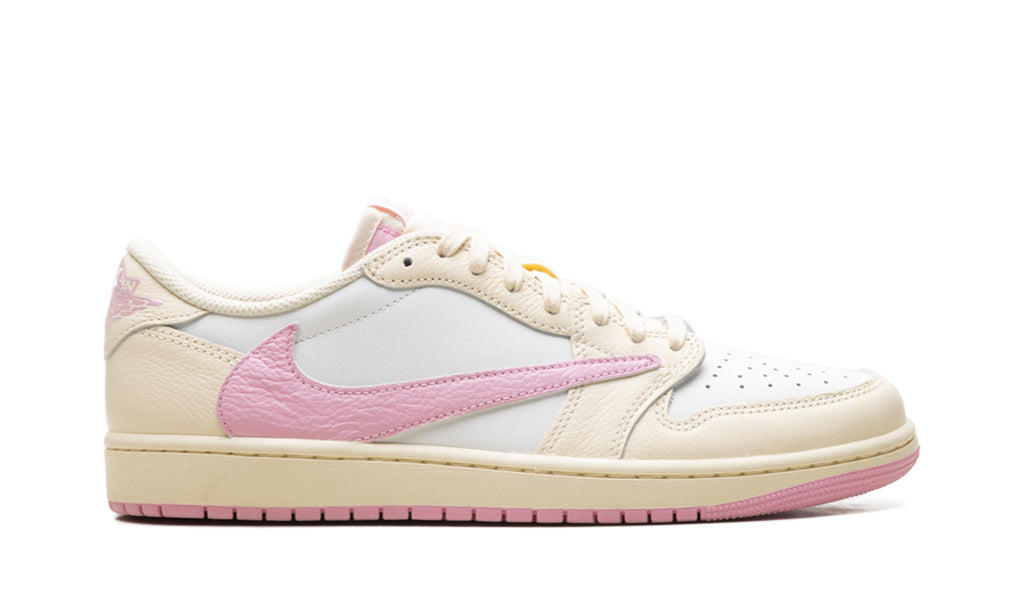 Air Jordan 1 Low OG Sneakers - White and Cream with Pink Swoosh and Outsole