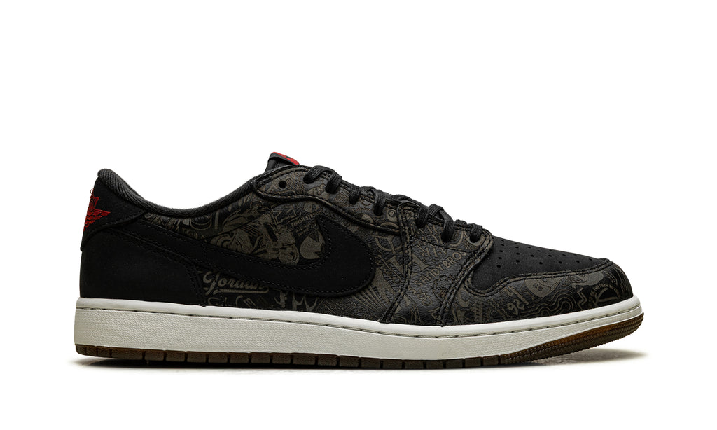 Air Jordan 1 Retro Low OG Sneakers - Black with Tonal Graphic Print and Red Accents