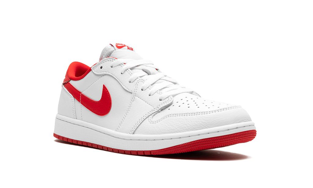 Air Jordan 1 Retro Low OG Sneakers - White with Red Swooshes and Outsole