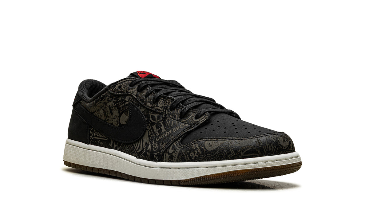 Air Jordan 1 Retro Low OG Sneakers - Black with Tonal Graphic Print and Red Accents