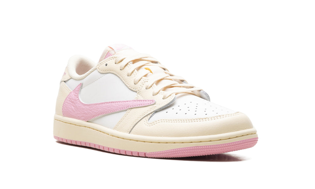 Air Jordan 1 Low OG Sneakers - White and Cream with Pink Swoosh and Outsole