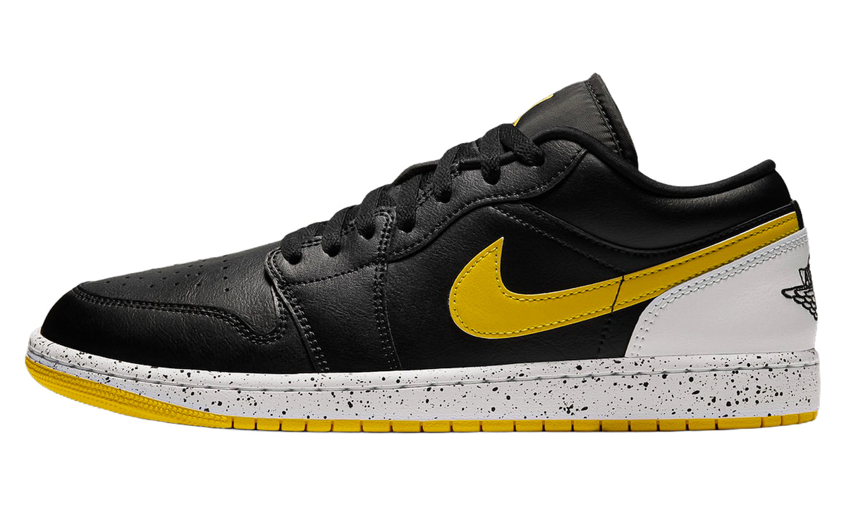 Air Jordan 1 Low Sneakers - Black & Yellow with White Heel and Speckled Midsole