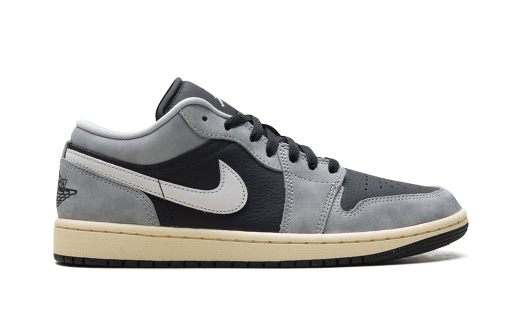 Air Jordan 1 Low Sneakers - Gray and Black with White Swooshes and Cream Midsole
