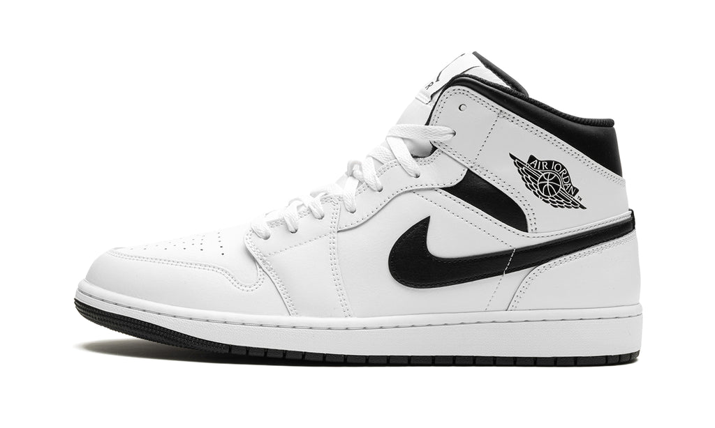 Air Jordan 1 Mid Sneakers - White with Black Swooshes and Collar