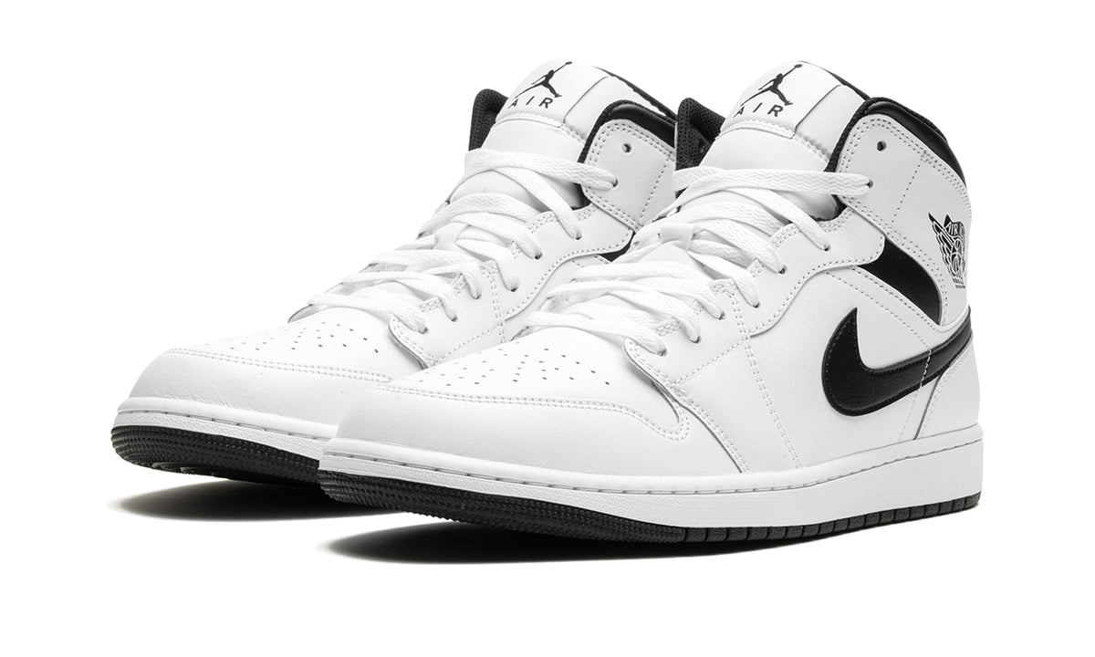Air Jordan 1 Mid Sneakers - White with Black Swooshes and Collar