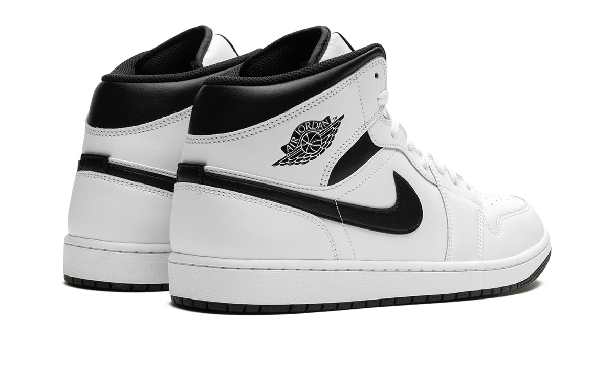 Air Jordan 1 Mid Sneakers - White with Black Swooshes and Collar
