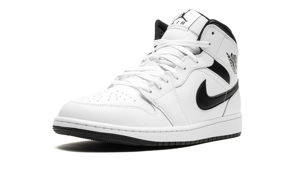 Air Jordan 1 Mid Sneakers - White with Black Swooshes and Collar