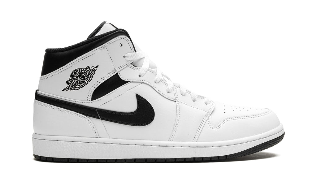 Air Jordan 1 Mid Sneakers - White with Black Swooshes and Collar