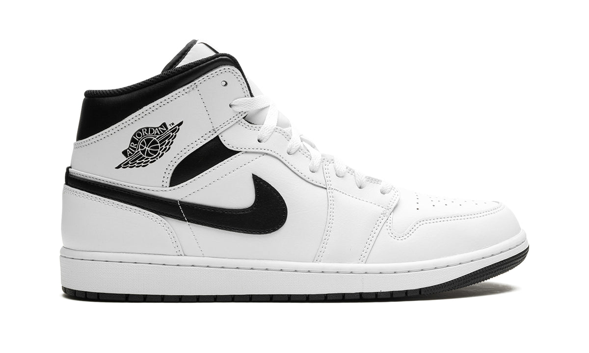 Air Jordan 1 Mid Sneakers - White with Black Swooshes and Collar