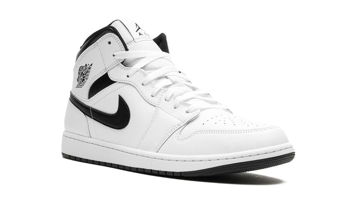 Air Jordan 1 Mid Sneakers - White with Black Swooshes and Collar
