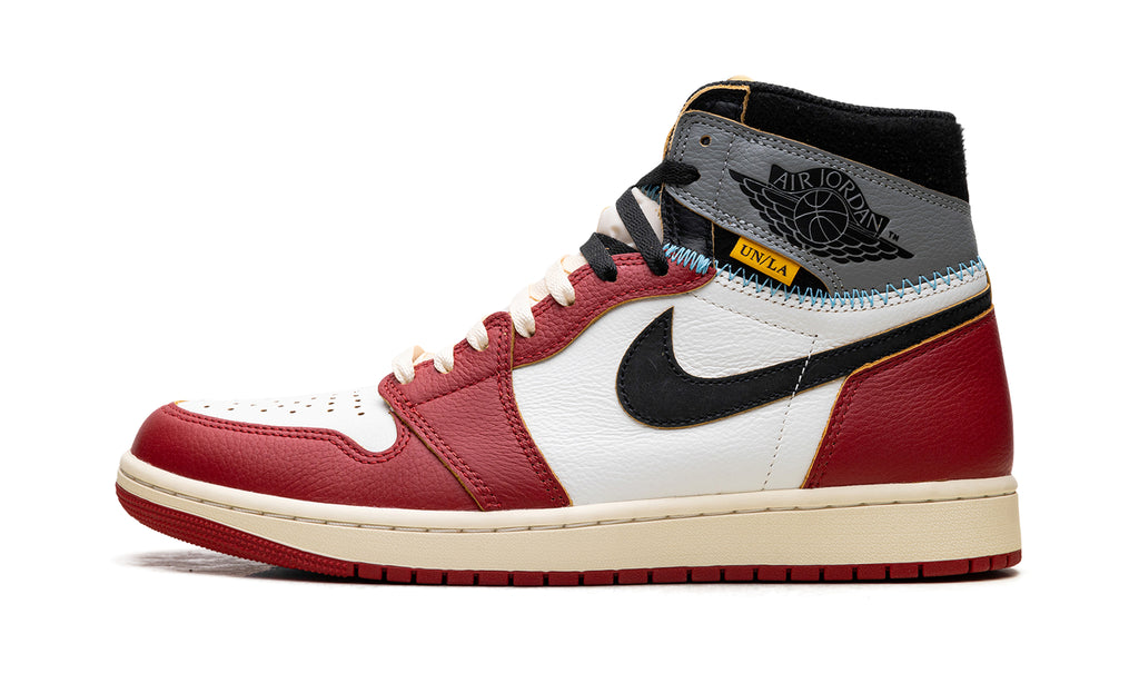 Air Jordan 1 High Sneakers - Red and White with Gray Collar and UN/LA Details