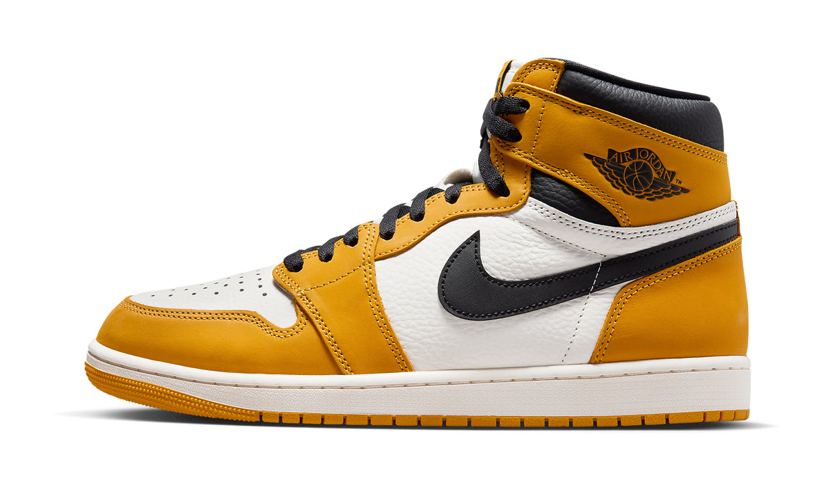 Air Jordan 1 Retro High OG Sneakers - Golden Yellow and White with Black Swooshes