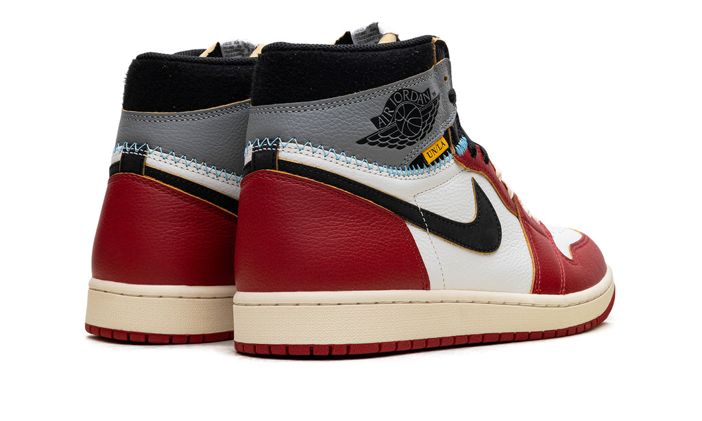 Air Jordan 1 High Sneakers - Red and White with Gray Collar and UN/LA Details