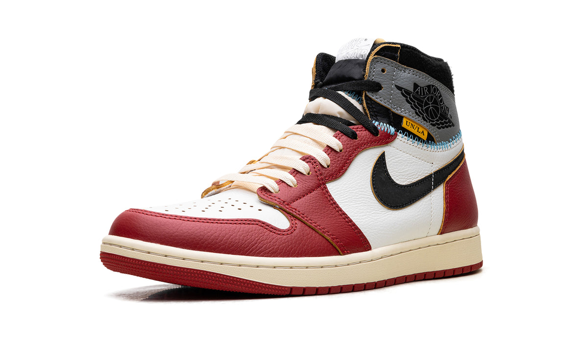 Air Jordan 1 High Sneakers - Red and White with Gray Collar and UN/LA Details