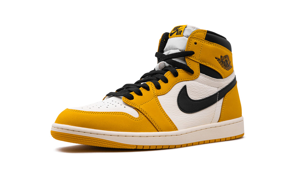 Air Jordan 1 Retro High OG Sneakers - Golden Yellow and White with Black Swooshes