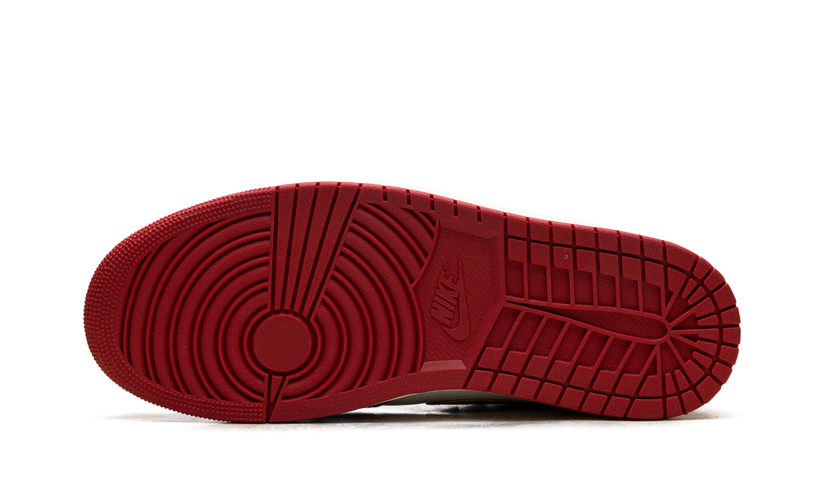 Air Jordan 1 High Sneakers - Red and White with Gray Collar and UN/LA Details