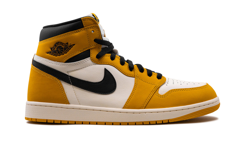 Air Jordan 1 Retro High OG Sneakers - Golden Yellow and White with Black Swooshes