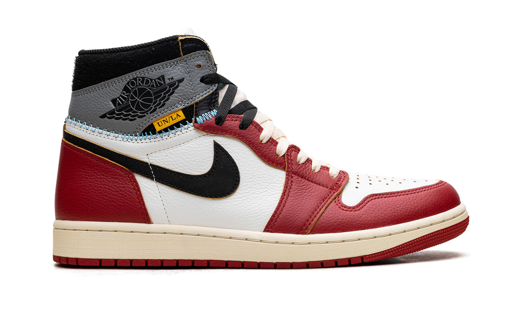 Air Jordan 1 High Sneakers - Red and White with Gray Collar and UN/LA Details