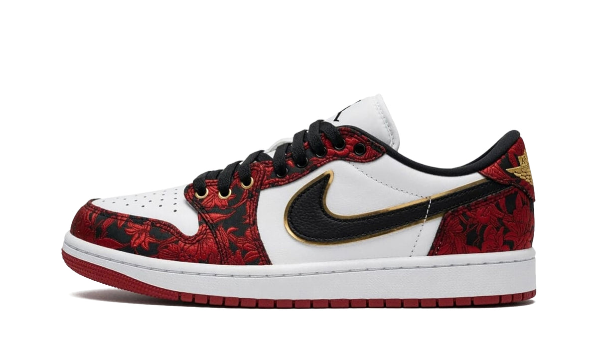 Air Jordan 1 Low Sneakers - White & Red Floral with Gold-Trimmed Black Swoosh