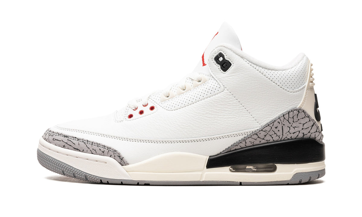 Air Jordan 3 Sneakers - White/Cement Grey with Elephant Print and Red Accents