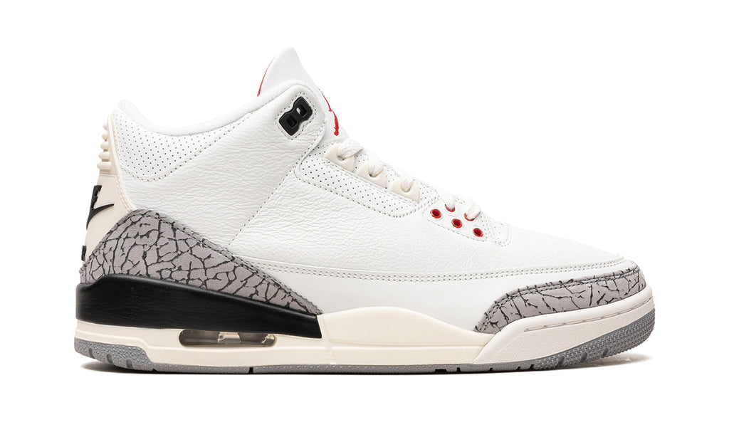 Air Jordan 3 Sneakers - White/Cement Grey with Elephant Print and Red Accents