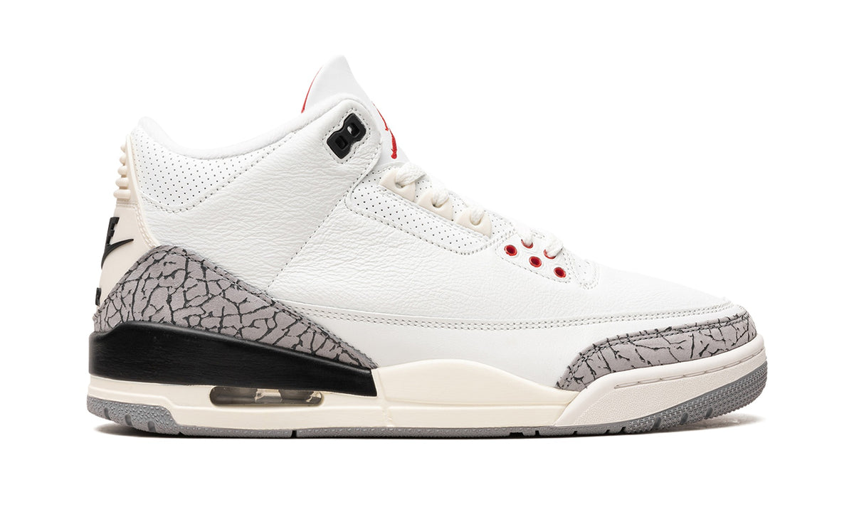 Air Jordan 3 Sneakers - White/Cement Grey with Elephant Print and Red Accents