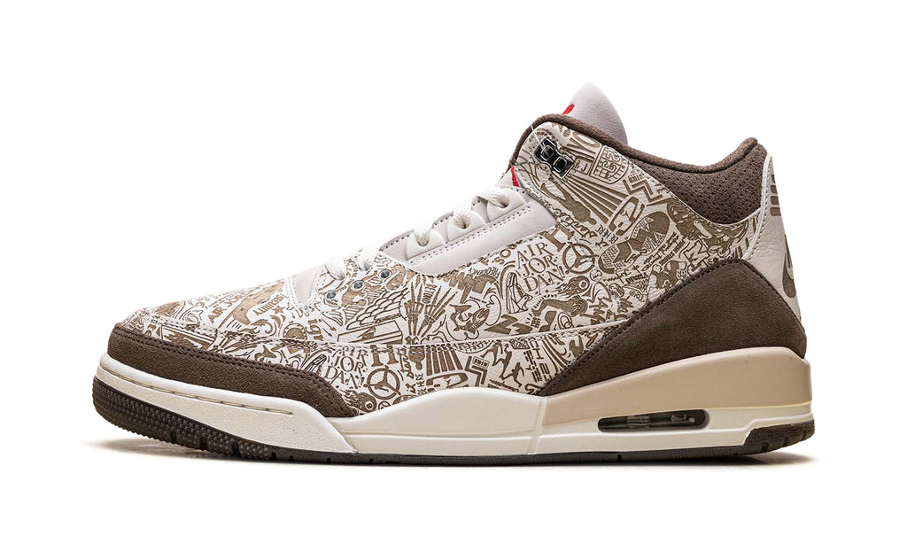 Air Jordan 3 Retro Sneakers - Cream & Brown Graphic Print with Red Accents