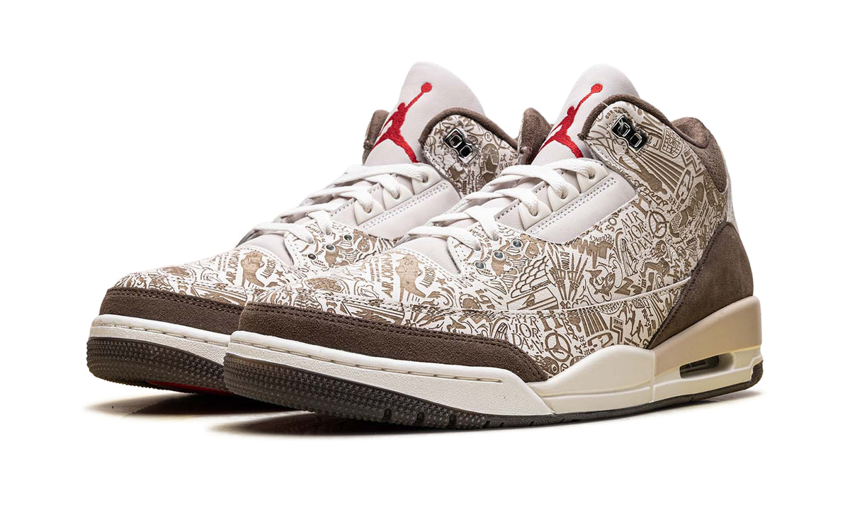 Air Jordan 3 Retro Sneakers - Cream & Brown Graphic Print with Red Accents