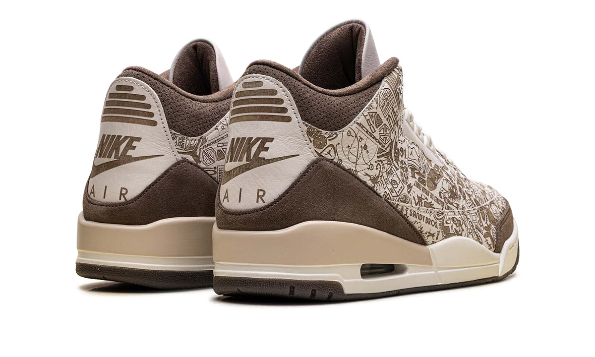 Air Jordan 3 Retro Sneakers - Cream & Brown Graphic Print with Red Accents